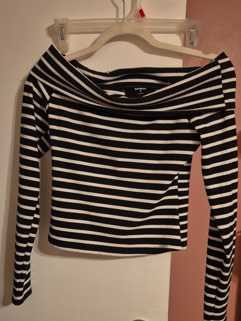 Express Black and White Ribbed Off-the-Shoulder Striped Long Sleeve Top